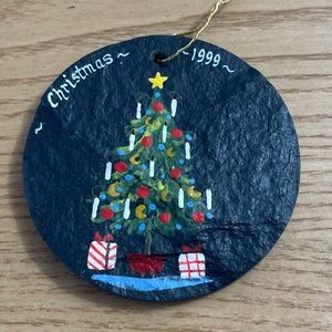 Vintage Slate Christmas Ornament Handpainted w Tree Signed Sigrid Schmidt 1999